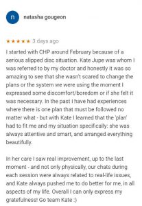 Review for Kate Jupe, Central Health Physiotherapy, by Natasha Gougeon