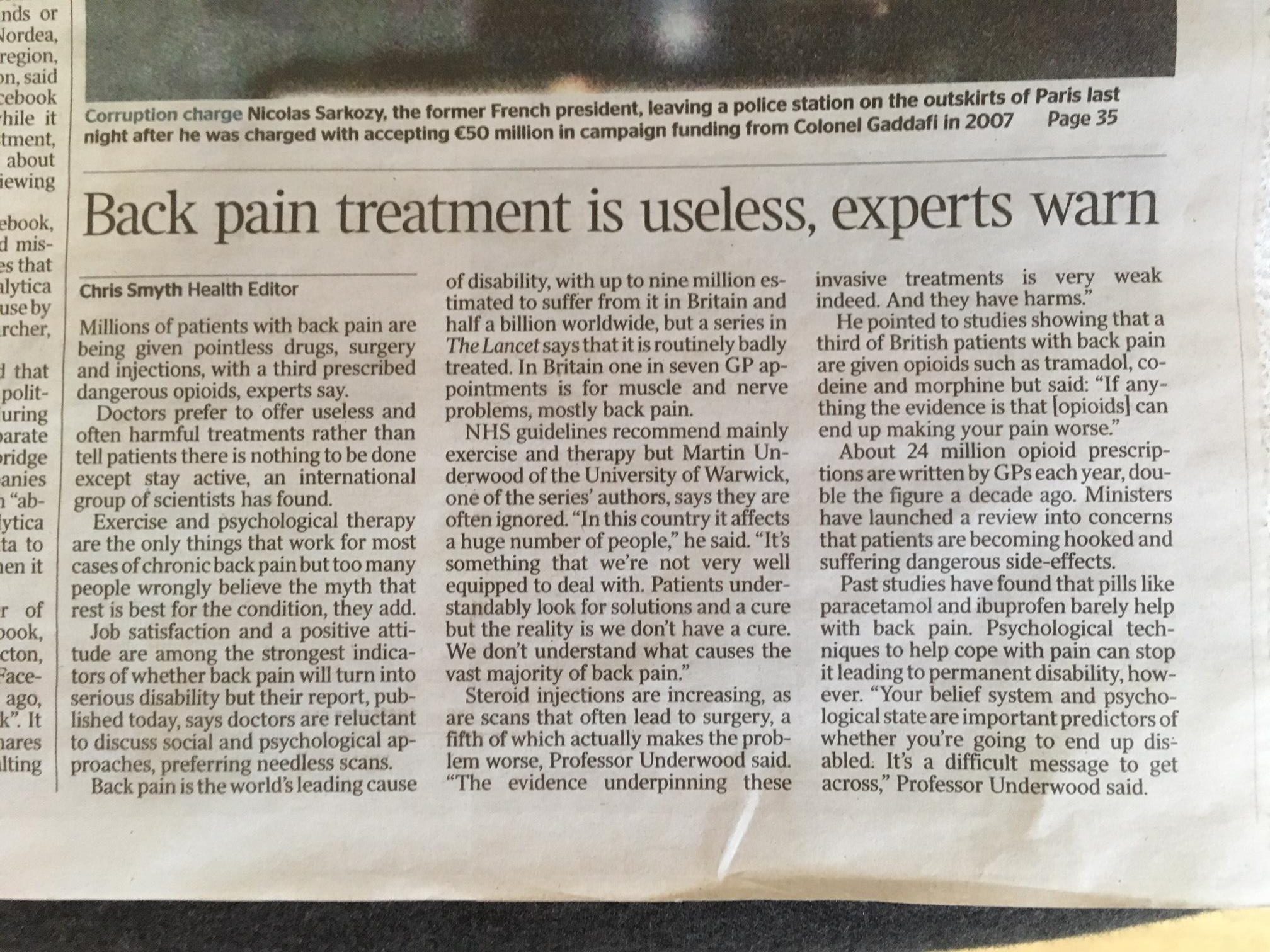 Article about pack pain 22 March 2018 in The Times